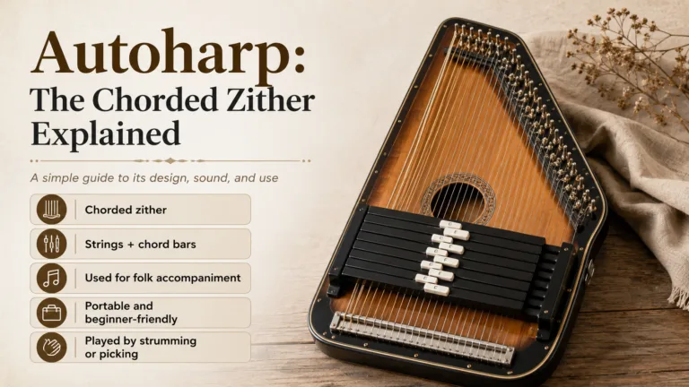 A close-up of a chording zither called autoharp, showing its strings and finger buttons for easy chord playing.