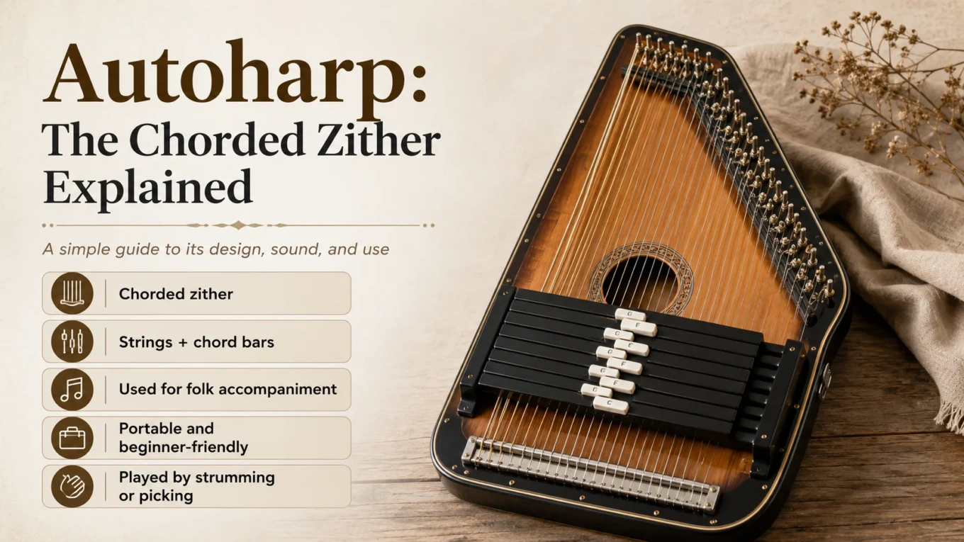 A close-up of a chording zither called autoharp, showing its strings and finger buttons for easy chord playing.