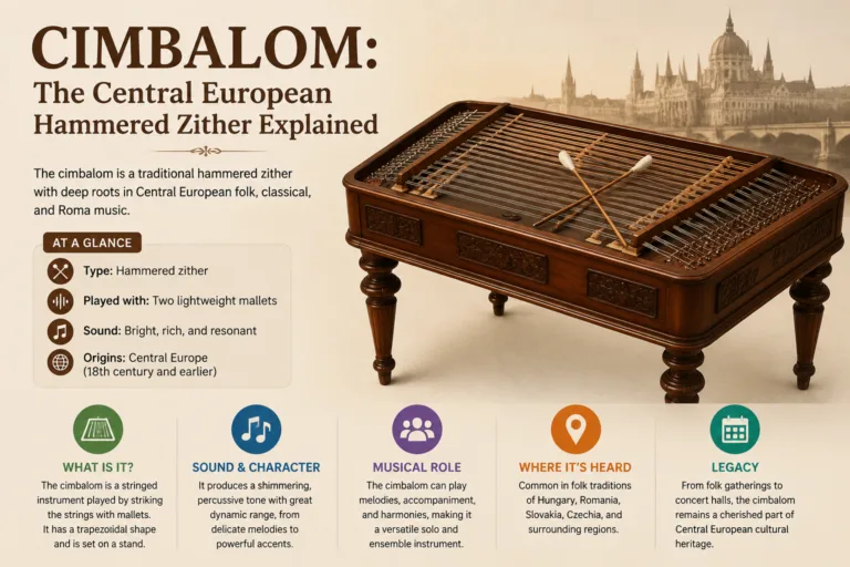Traditional cimbalom music instrument with wooden frame and metal strings, central to Central European and Hungarian folk music performances.