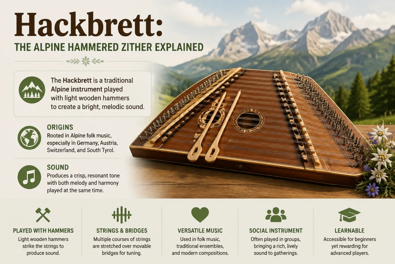 Traditional hackbrett alpine hammered zither with wooden strings and tuning tools, showcasing a unique musical instrument used in alpine folk music.