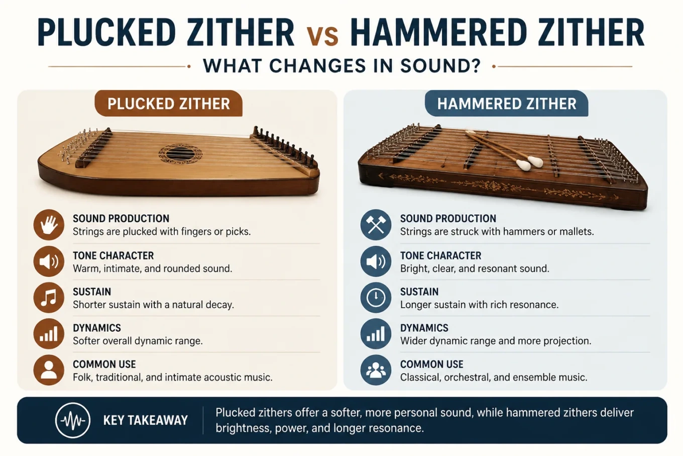 Plucked zither vs hammered zither comparison showing how different playing methods affect sound in traditional string instruments.