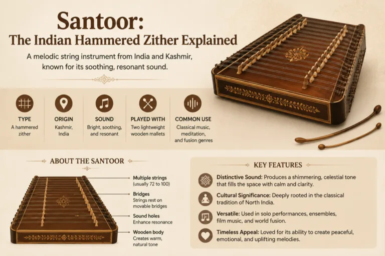Intricate santoor, a traditional Indian hammered zither, showcasing its strings and craftsmanship for musical performances.
