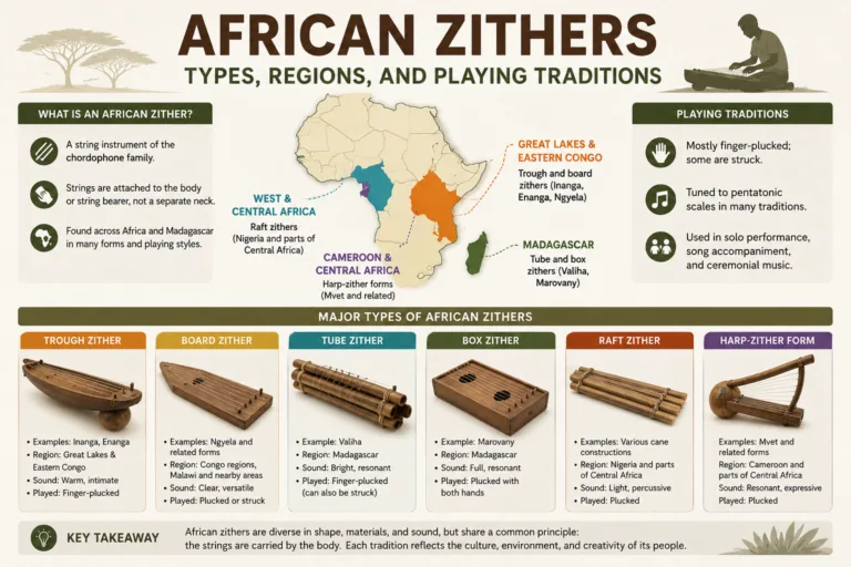Traditional African zither instruments from different regions, showcasing diverse shapes and playing styles in the context of African zithers.