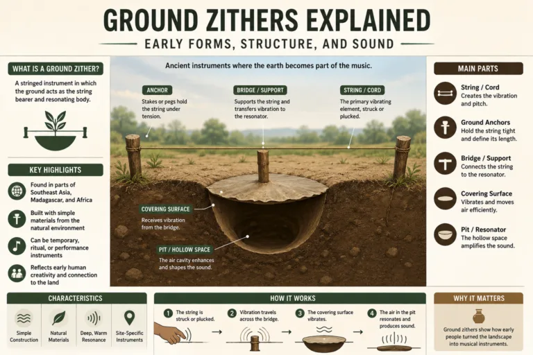 Ground zithers are traditional musical instruments played by plucking and are featured in historical early forms with their unique structure and sound.