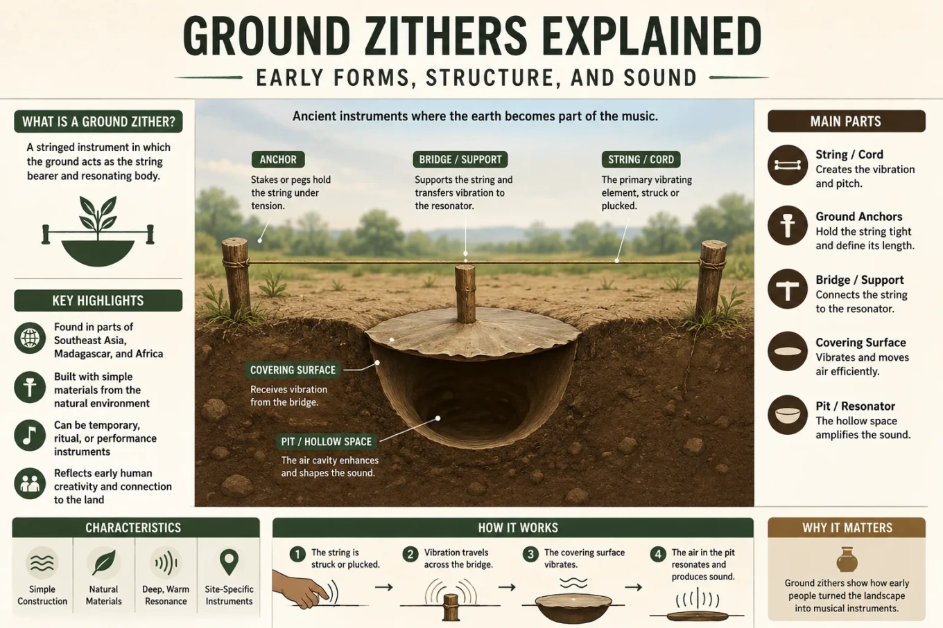 Ground zithers are traditional musical instruments played by plucking and are featured in historical early forms with their unique structure and sound.