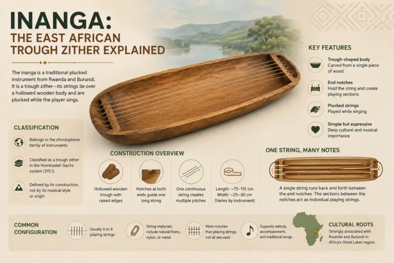 Inanga, traditional East African trough zither, with its long wooden body and strings, showcases cultural musical instrument craftsmanship.