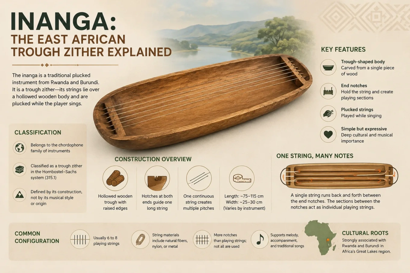 Inanga, traditional East African trough zither, with its long wooden body and strings, showcases cultural musical instrument craftsmanship.