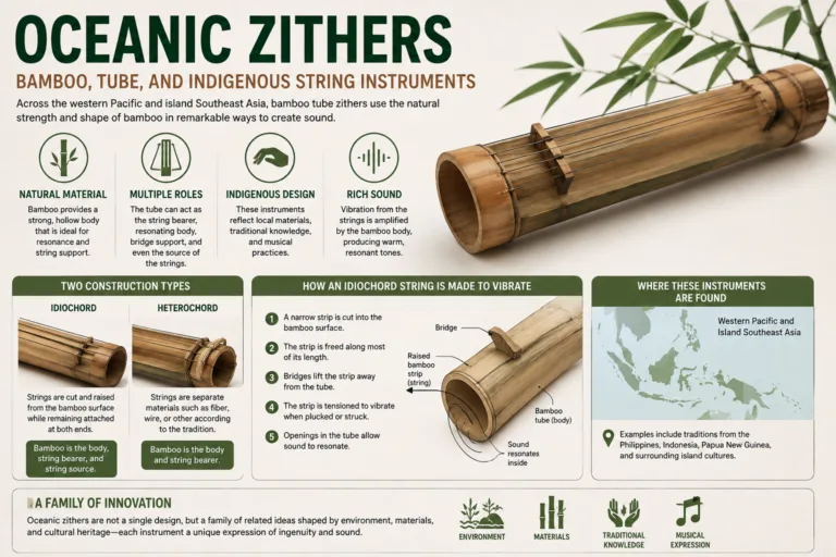Oceanic zithers made from bamboo and tubes, showcasing traditional indigenous string instruments valued for their unique sound and cultural significance.