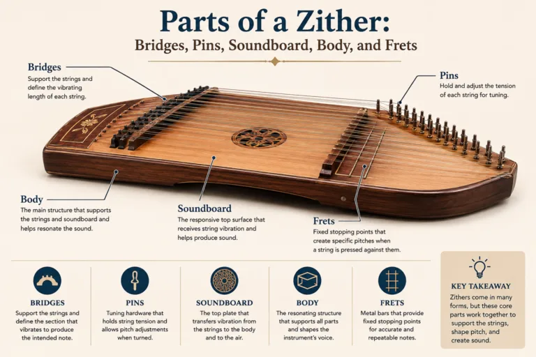 Close-up of a zither showing its parts like bridges, pins, soundboard, body, and frets, essential components of a traditional stringed instrument.