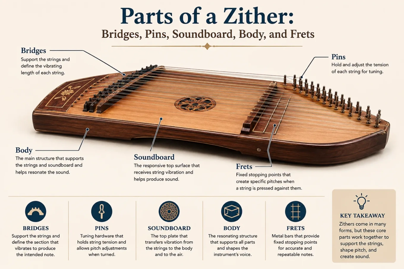 Parts of a Zither: Bridges, Pins, Soundboard, Body, and Frets