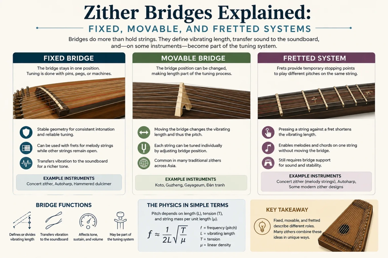 Zither Bridges Explained: Fixed, Movable, and Fretted Systems