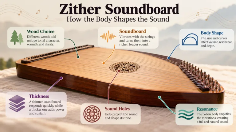 Wooden zither soundboard with sound holes illustrating how the body shapes the instrument's rich sound.